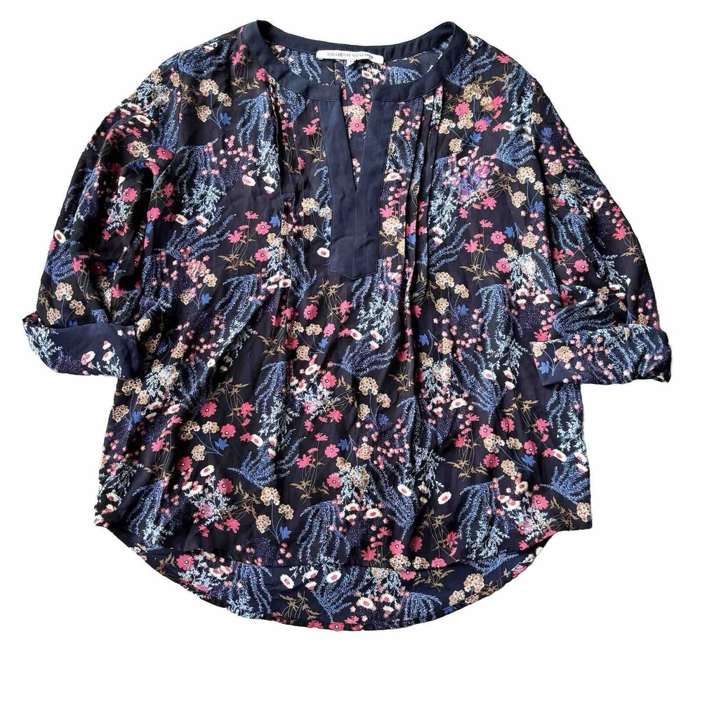 Collective Concepts Top Sz M 3/4 Sleeve Floral Print Blouse Black Floral V Neck